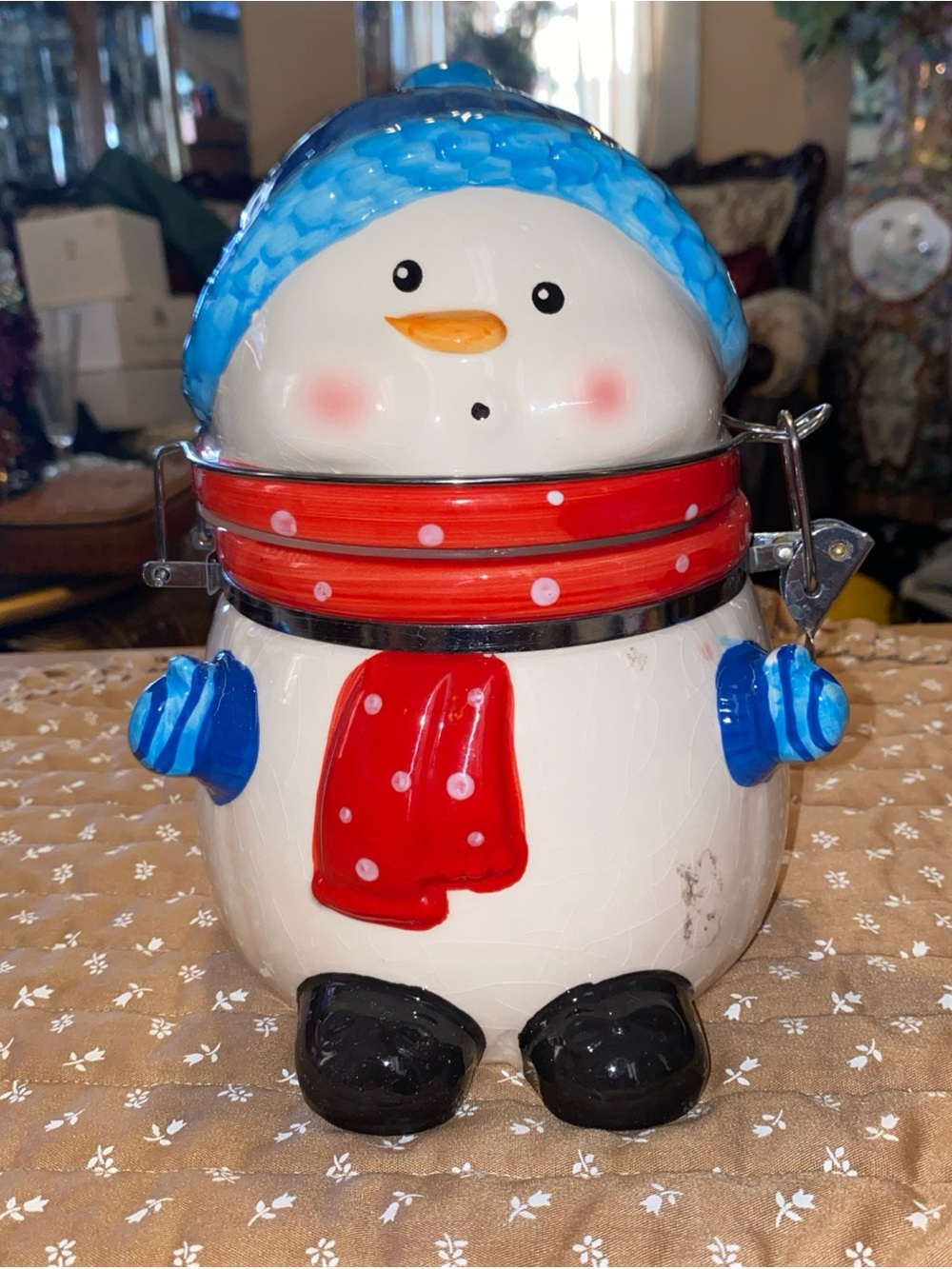 Holiday Snowman Cookie Jar with Blue Hat and Red Scarf
